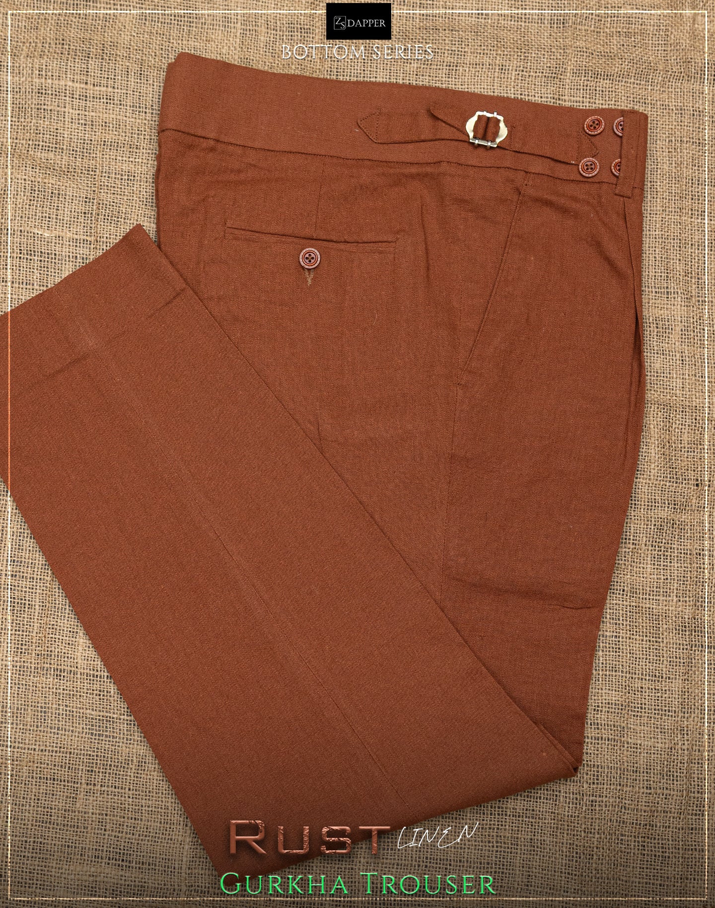 Rust Linen Gurkha Trousers.