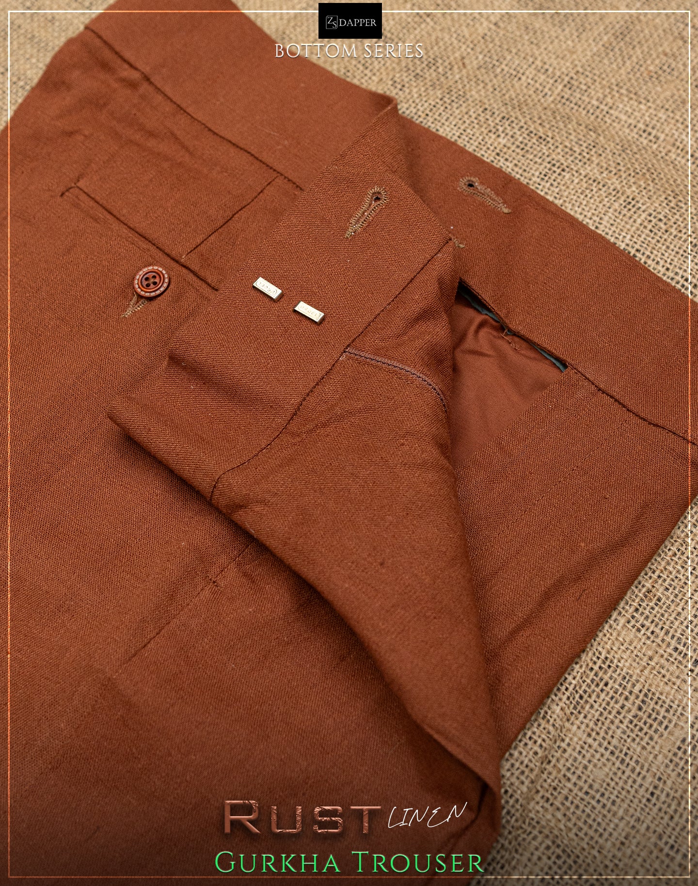 Rust Linen Gurkha Trousers.