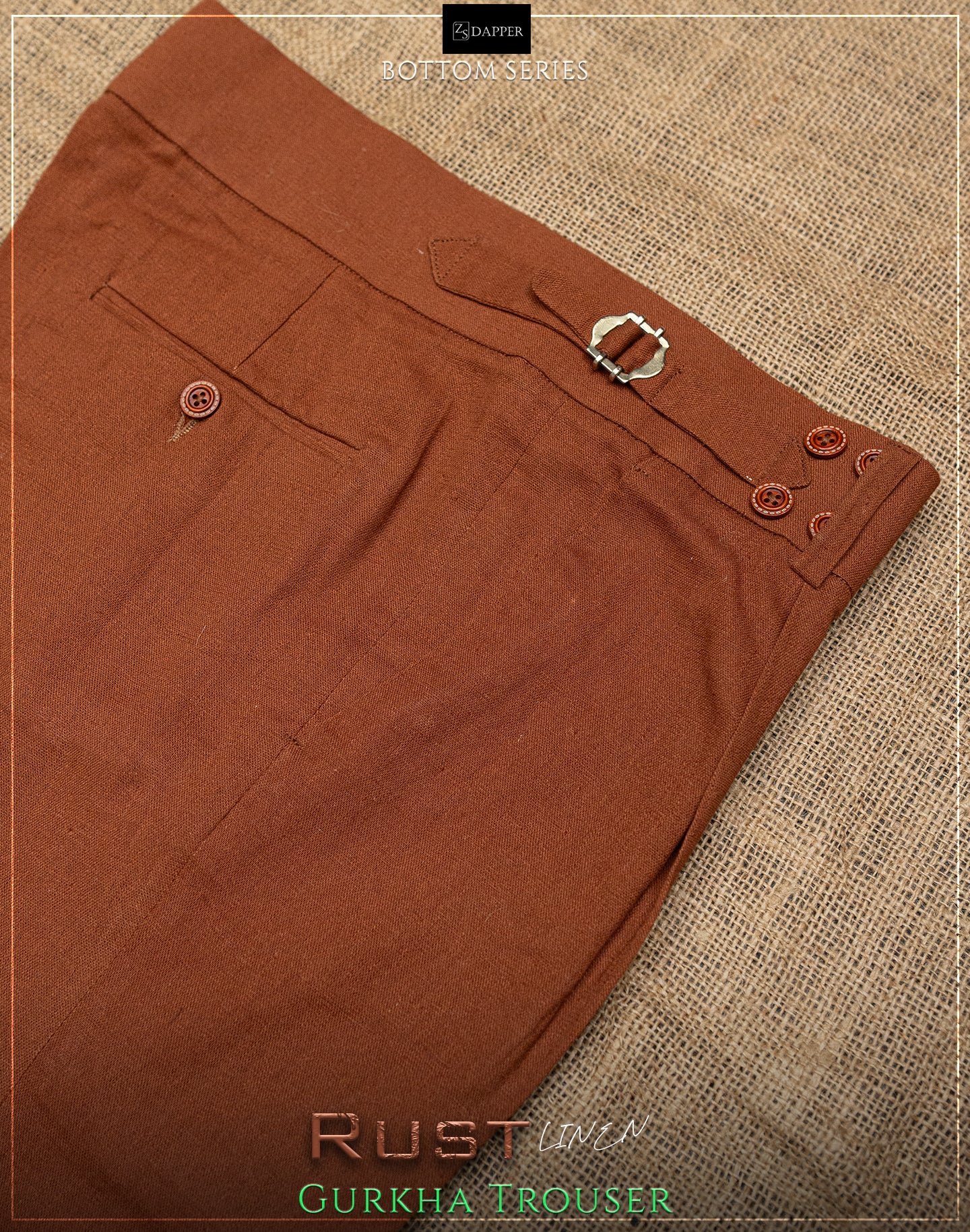 Rust Linen Gurkha Trousers.